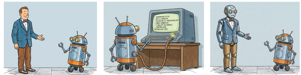 Illustration of a researcher and a robot collaborating on a computer